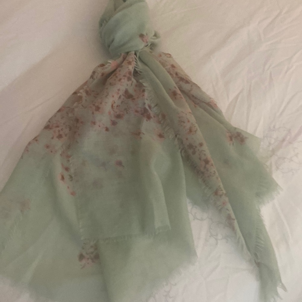 Gorgeous gauzy sea foam scarf with pink floral detail